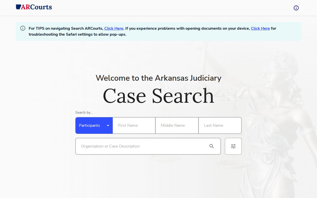 Search ARCourts interface for Drew County arrest case dispositions